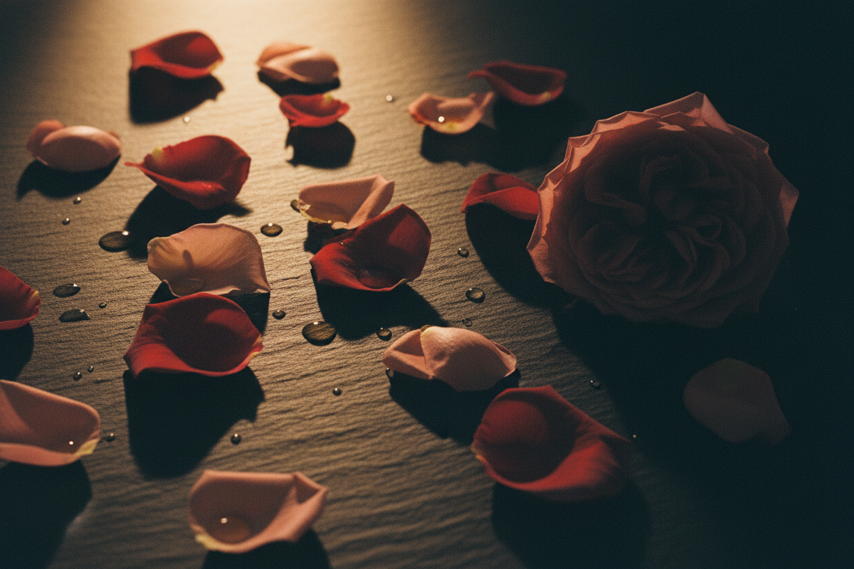 Rose petals scattered on a dark slate surface with warm amber light — Jean Patou 1000