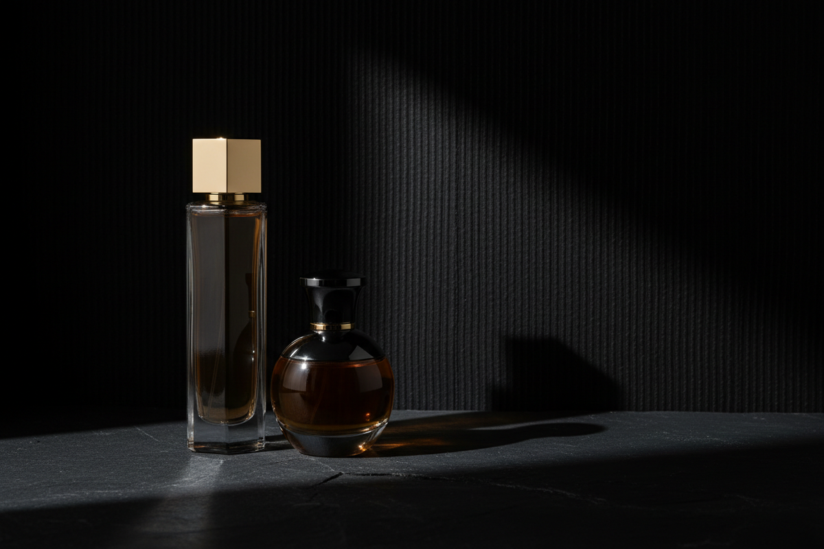 Luxury perfume bottle on dark background, editorial fragrance photography