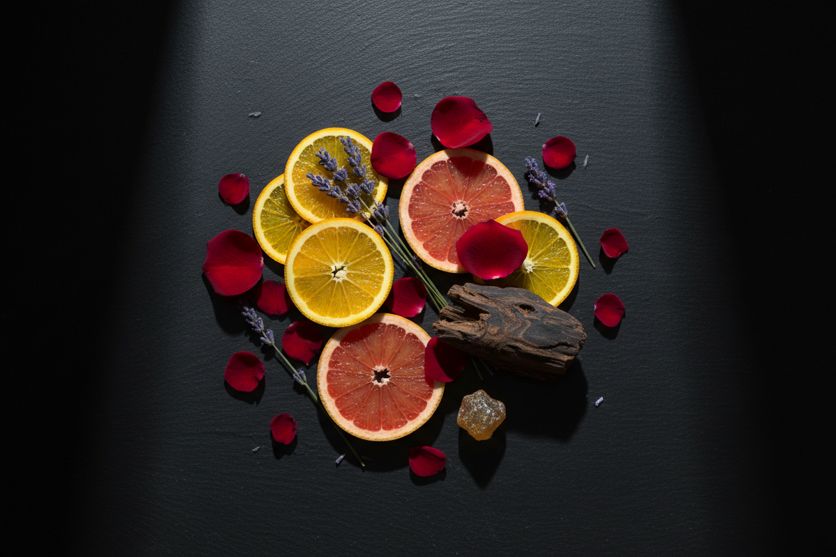 Fragrance botanicals flat lay including citrus, rose petals, and wood on dark background