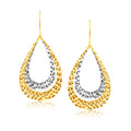 14K Two Tone Gold Textured Open Graduated Teardrop Shape Earrings