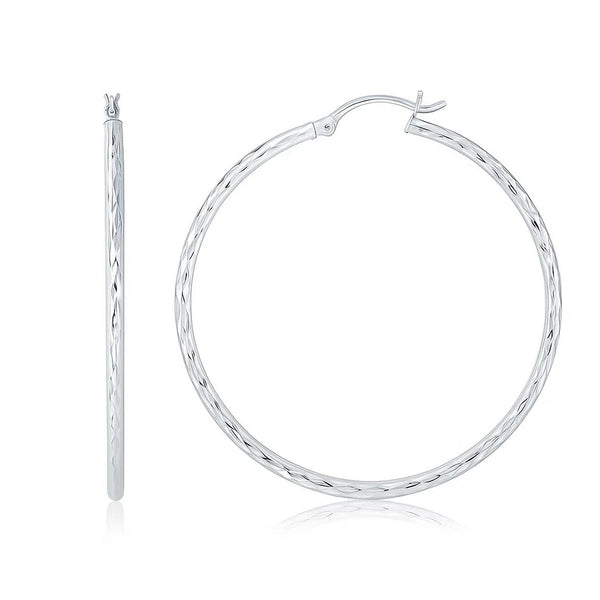 14k White Gold Diamond Cut Hoop Earrings (1 3/4 inch Diameter)