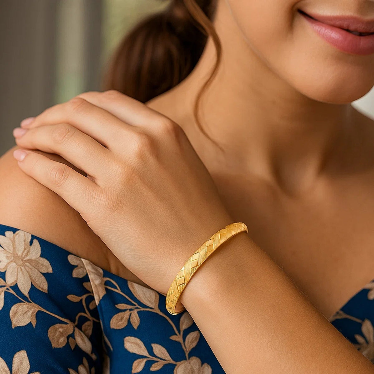 14K Yellow Gold Domed Bangle with a Weave Motif (6.00 mm)