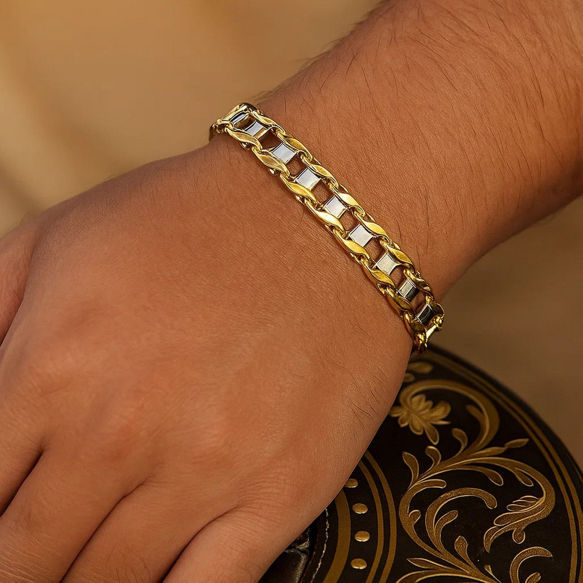 14K Two-Tone Gold Men's Bracelet with S Style Bar Links (7.85 mm)