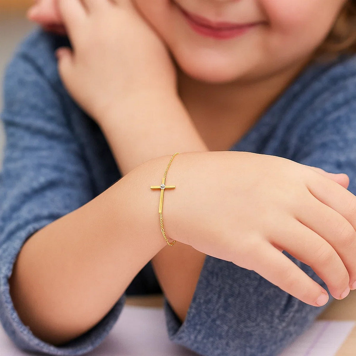 14K Yellow Gold 5 1/2-inch Children's Bracelet with Cross (1.00 mm)