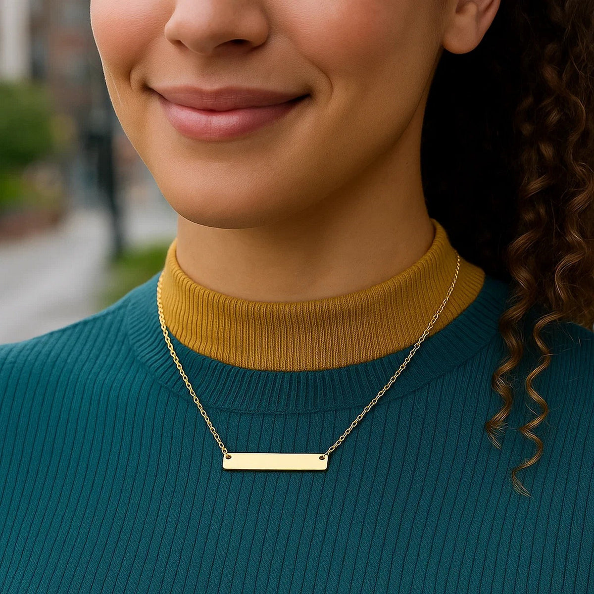 14k Yellow Gold Smooth Flat Horizontal Bar Style Necklace