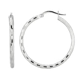 Sterling Silver Hoop Design Diamond Cut Earrings with Rhodium Plating (2x26mm)