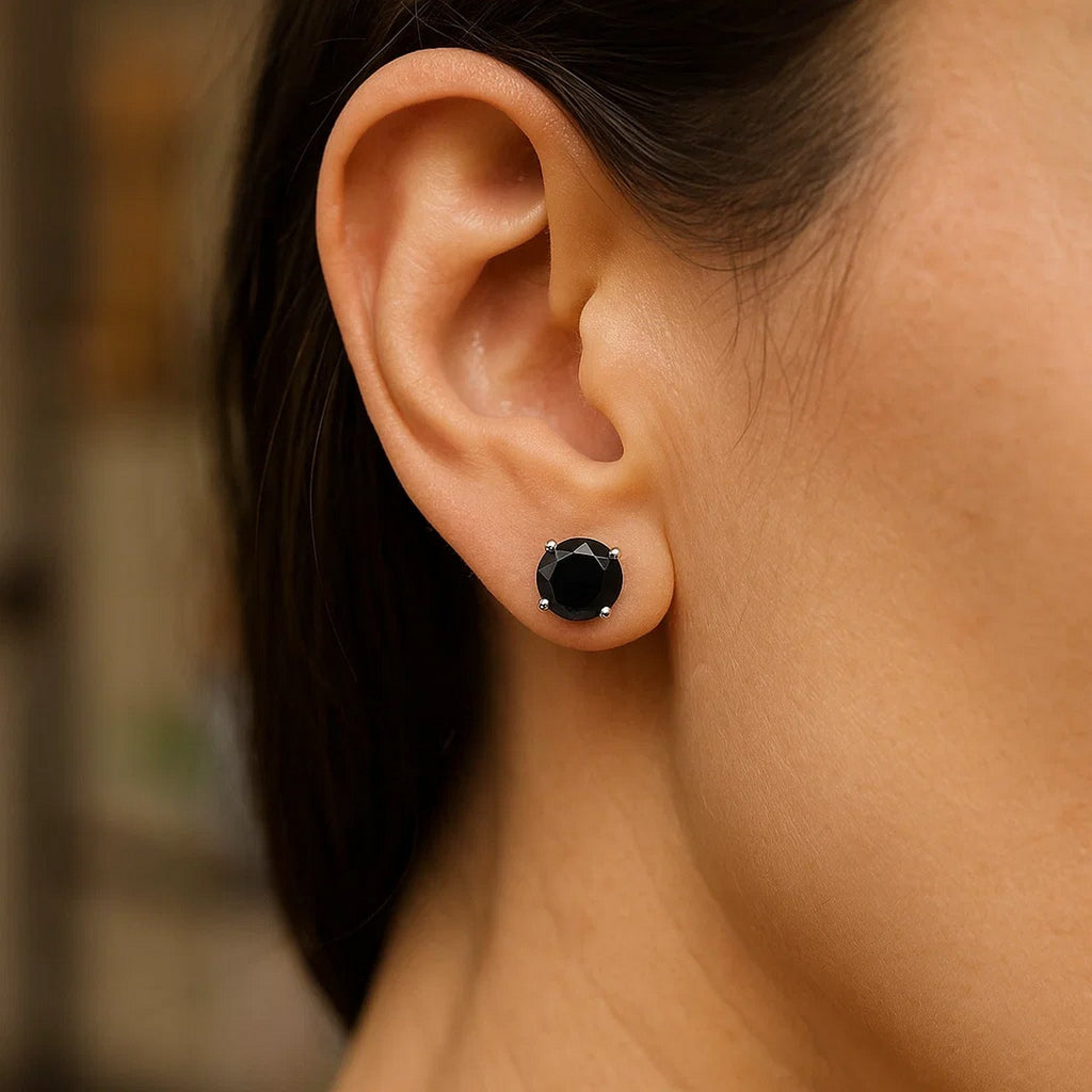 14k White Gold Stud Earrings with Black Faceted Cubic Zirconia(6mm)