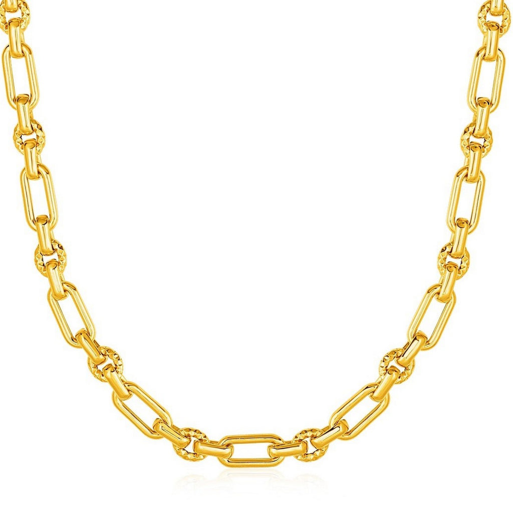 Rounded Rectangular Link Necklace with Textured Round Links in 14k Yellow Gold