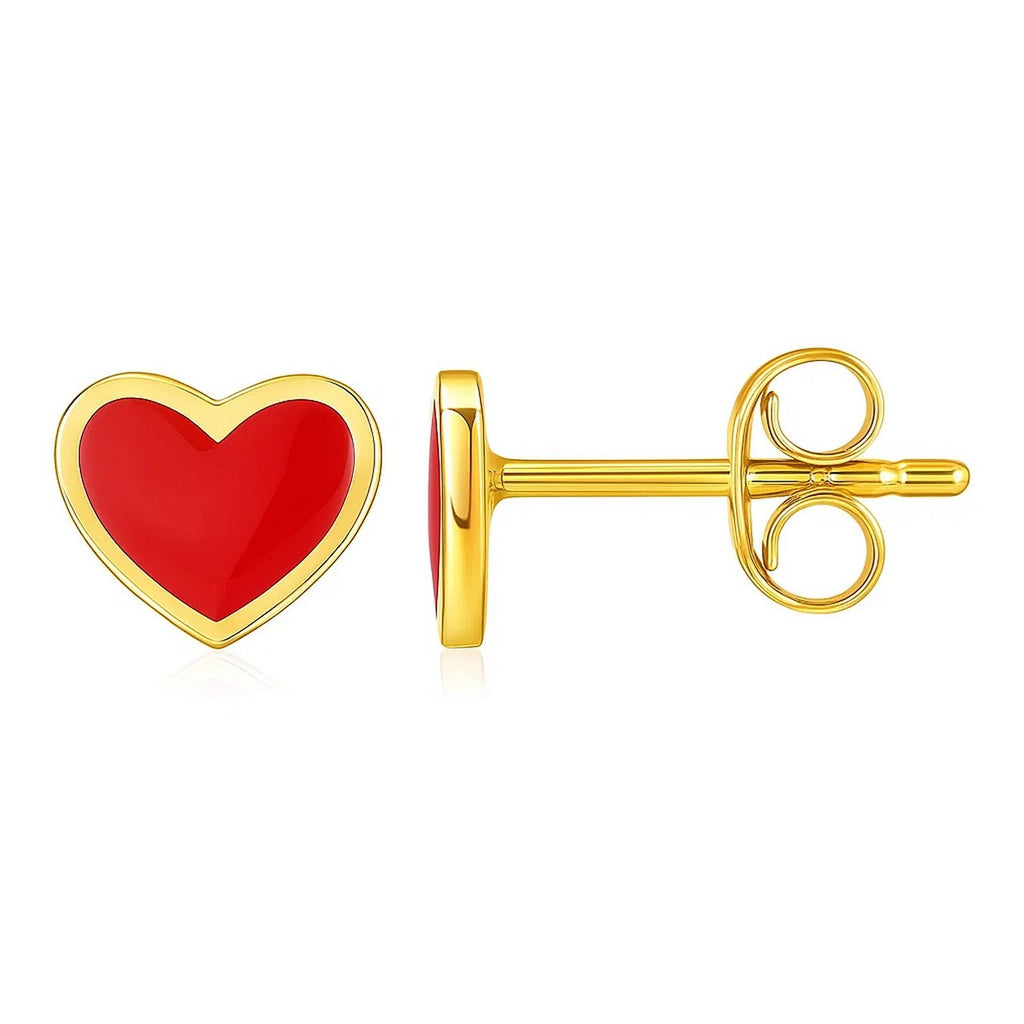 14k Yellow Gold and Enamel Red Heart Stud Earrings