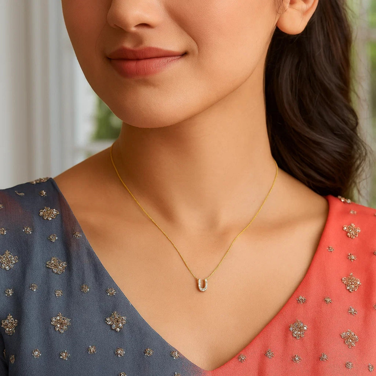 14K Yellow Gold Mini Diamond U Initial Pendant Necklace