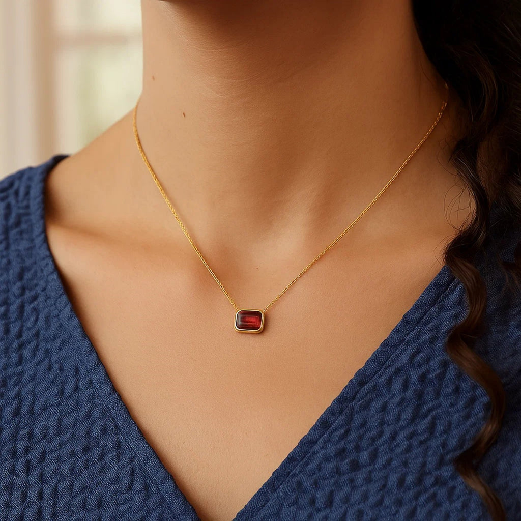 14K Yellow Gold Emerald Cut Garnet Necklace