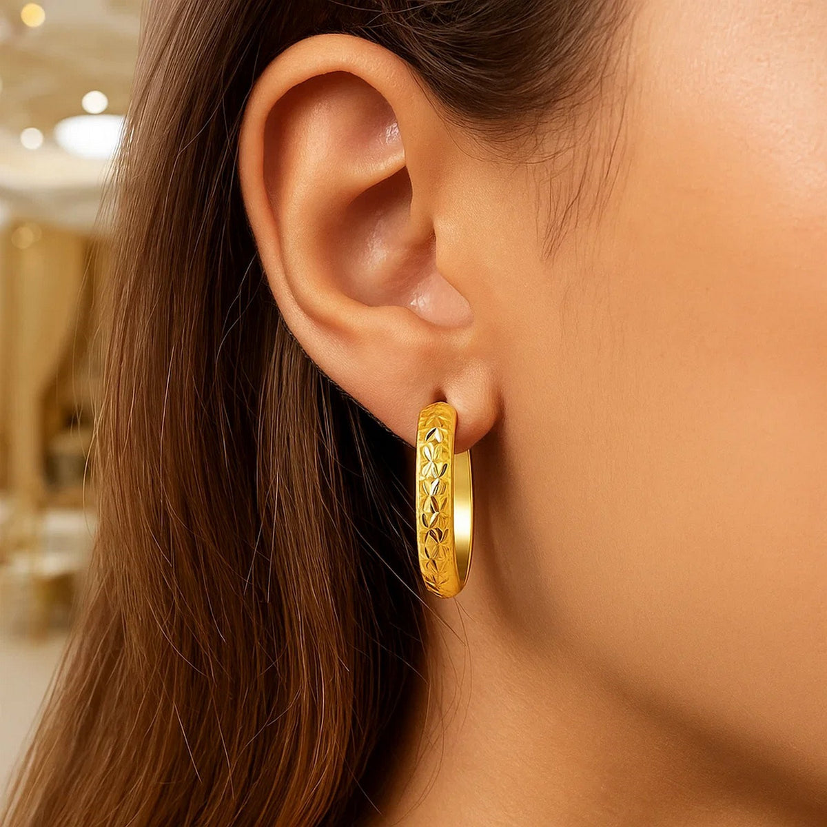 10k Yellow Gold Hammered Oval Hoop Earrings