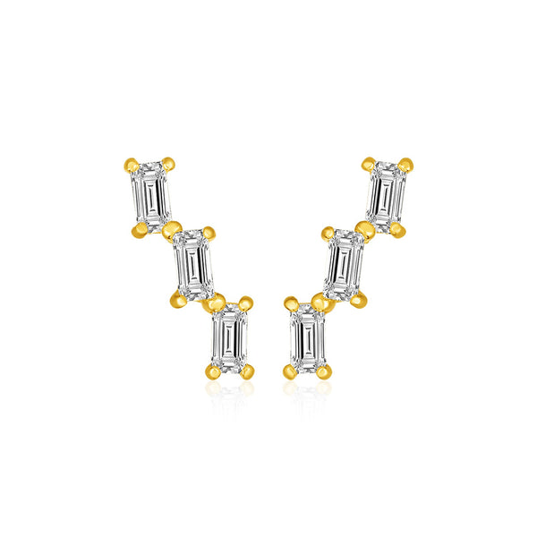 14k Yellow Gold Climber Post Earrings with Baguette Cubic Zirconias