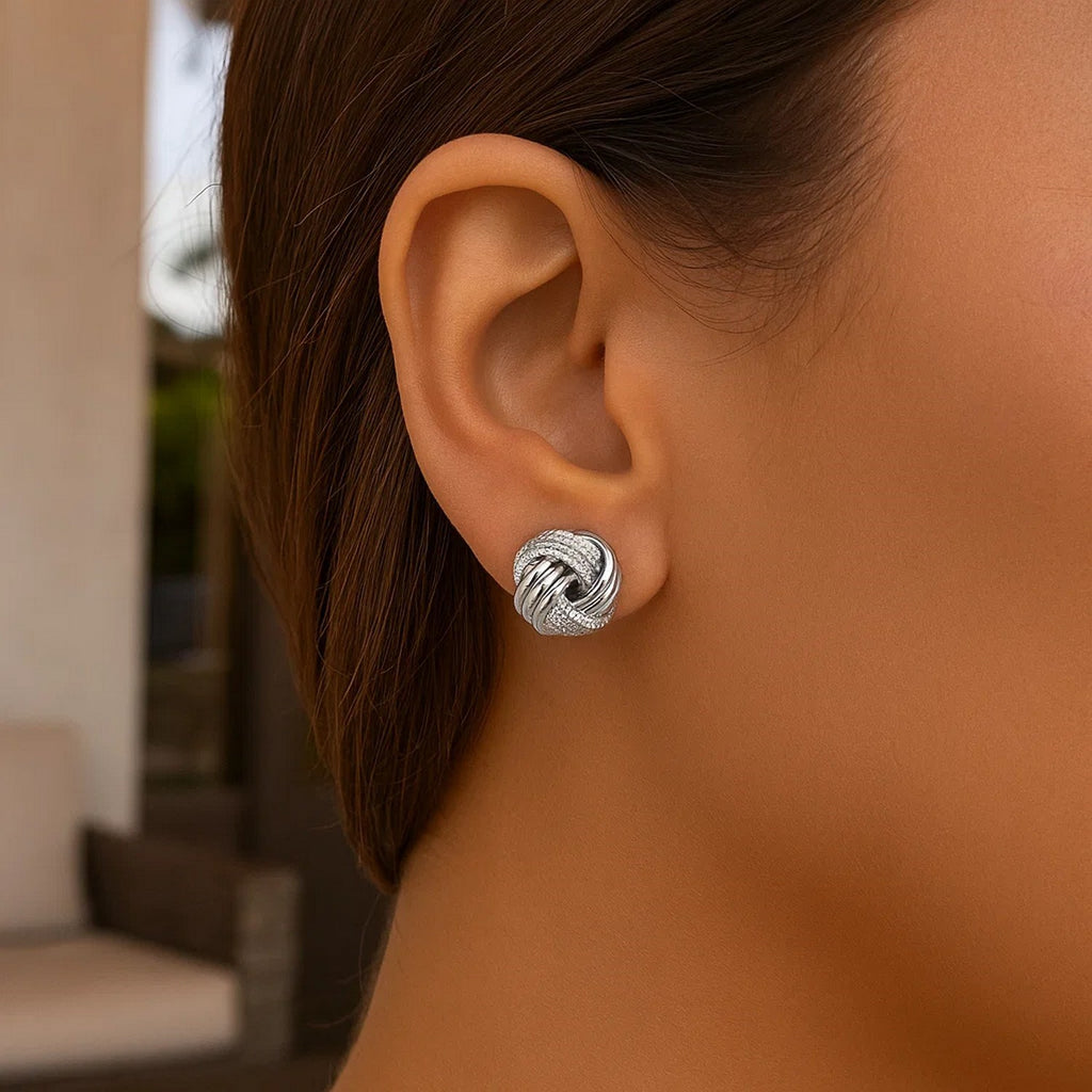 14k White Gold Love Knot with Ridge Texture Earrings