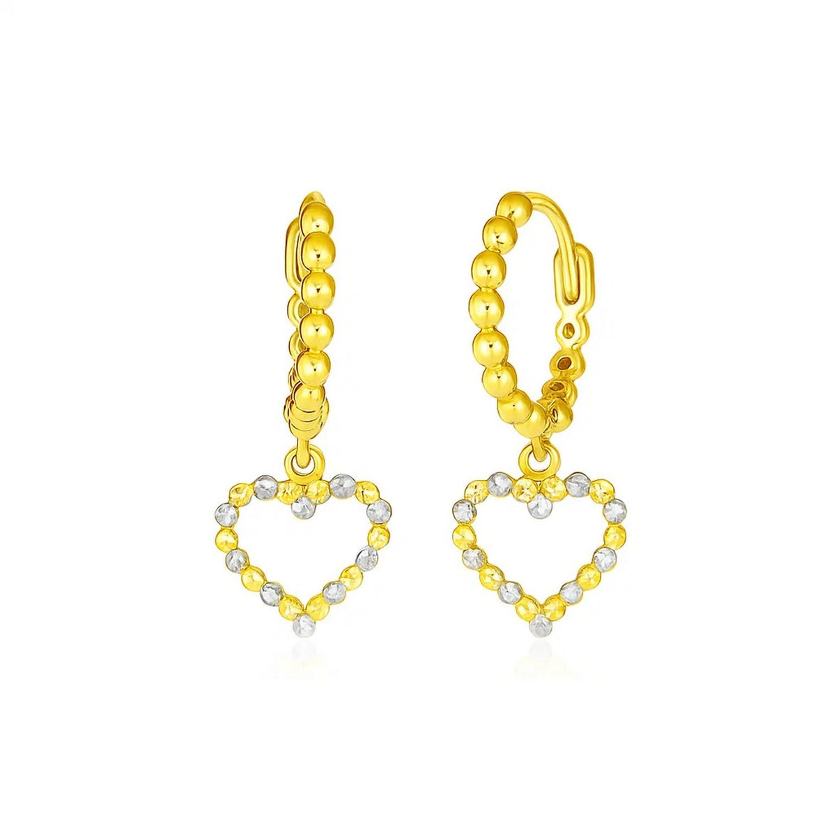 14k Two Tone Gold Beaded Hoop Earrings with Hearts