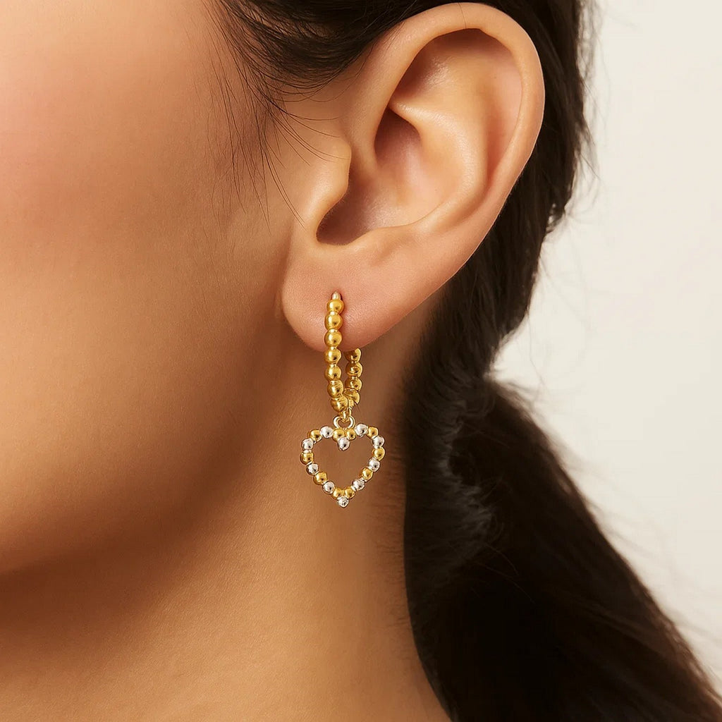 14k Two Tone Gold Beaded Hoop Earrings with Hearts