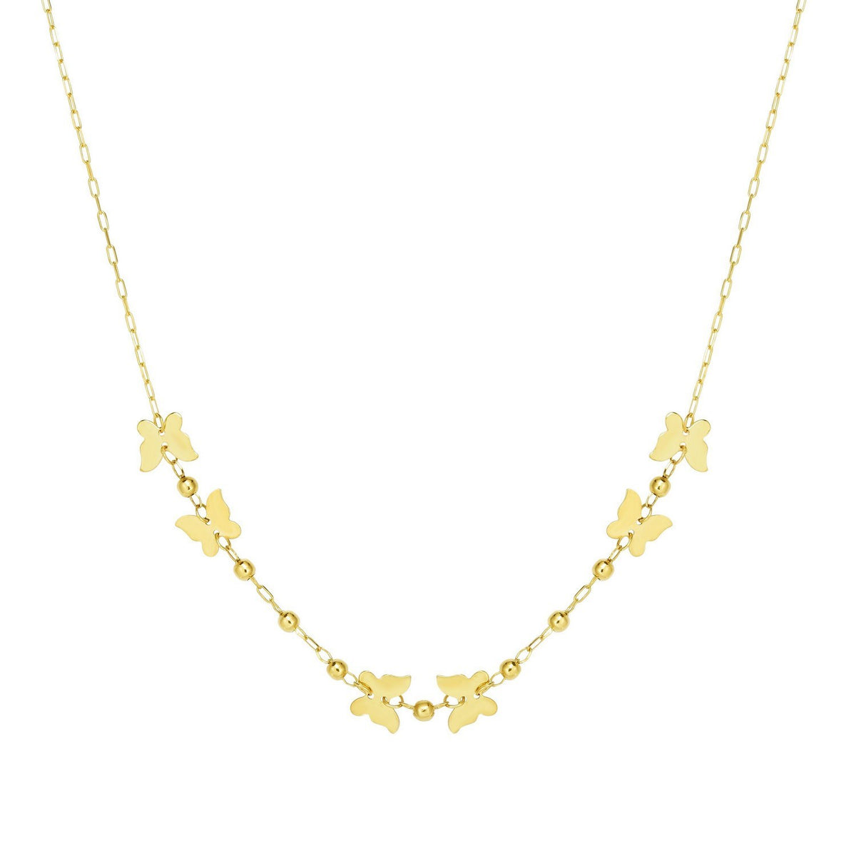 14k Yellow Gold 18 inch Necklace with Polished Butterflies and Beads