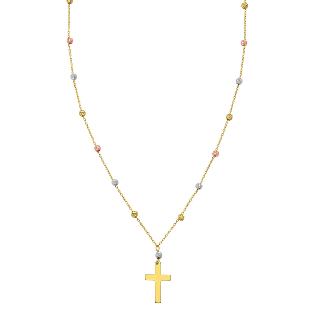 14K Tri Color Gold Beaded Cross Necklace