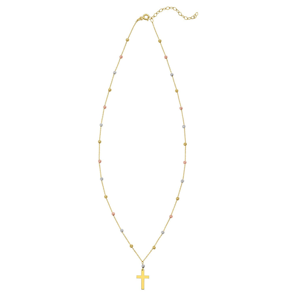 14K Tri Color Gold Beaded Cross Necklace