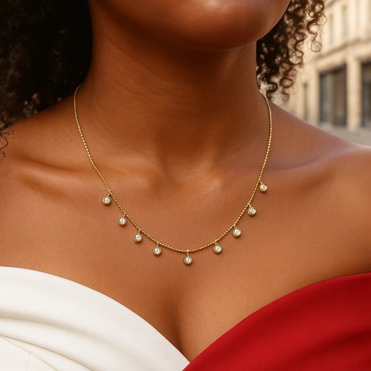 14k Yellow Gold Necklace with Round Diamond Charms