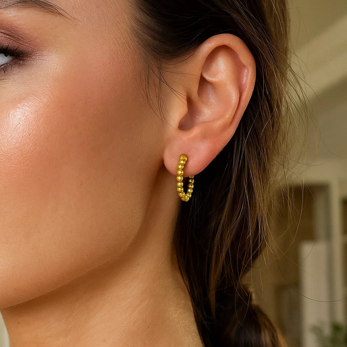 14K Yellow Gold Bead Hinged Hoop Earrings