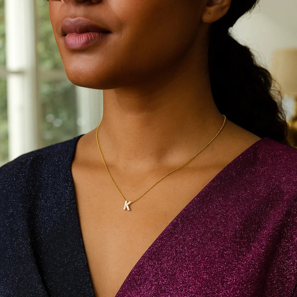 14K Yellow Gold Mini Diamond K Initial Pendant Necklace