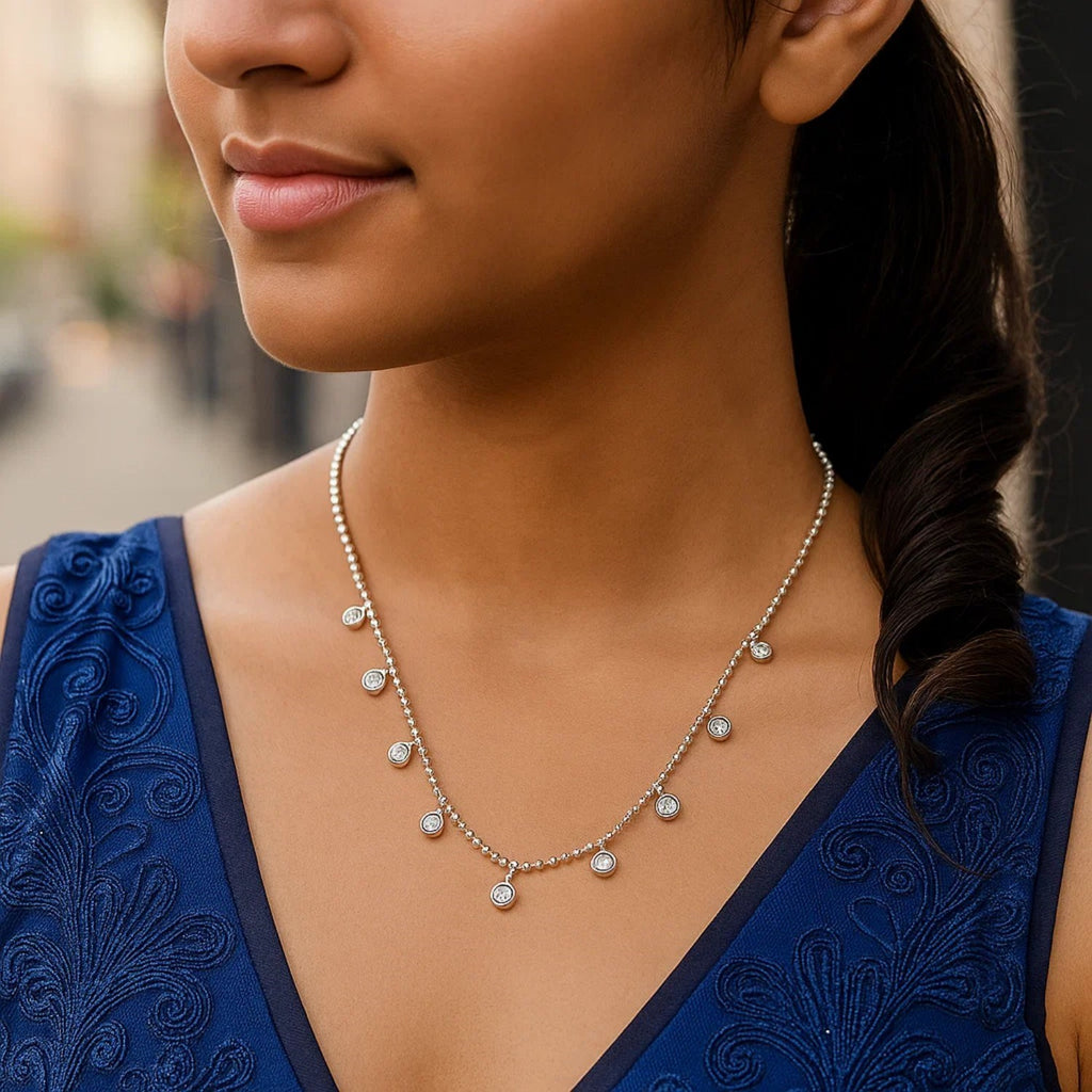 14k White Gold Necklace with Round Diamond Charms