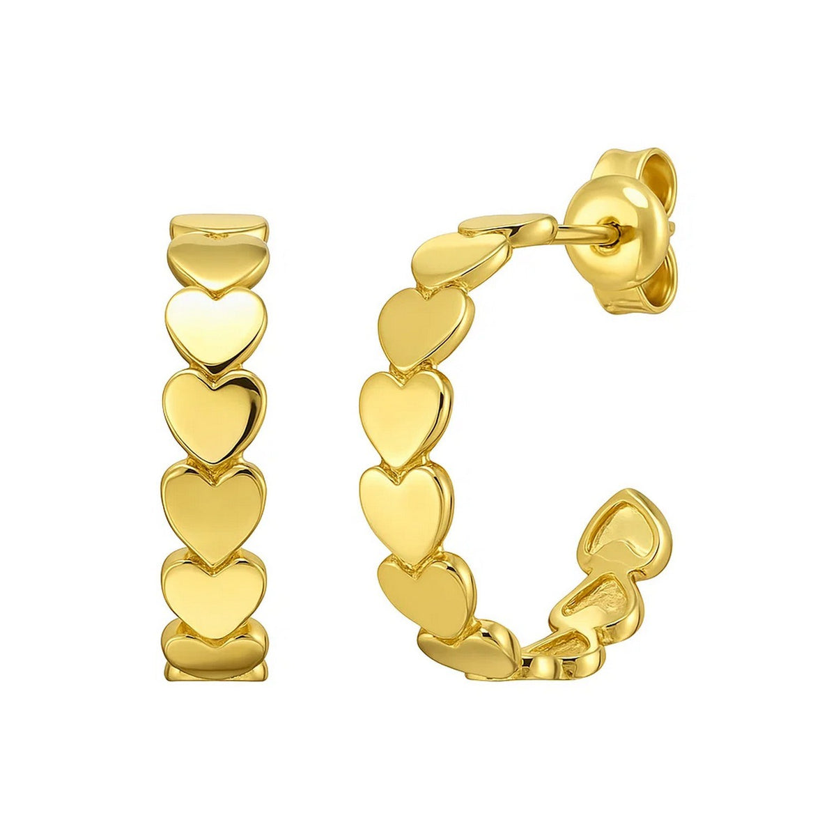 14K Yellow Gold Heart Row C Hoop Earrings