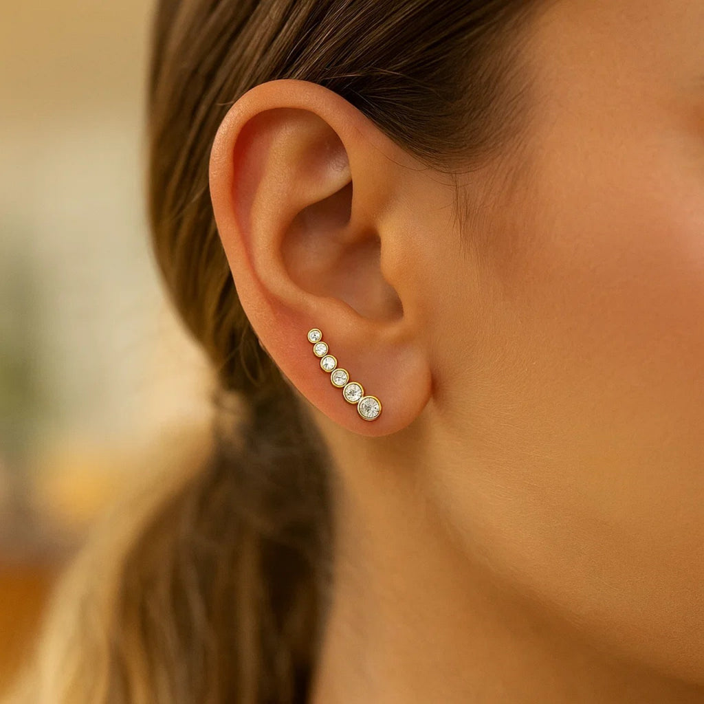 14k Yellow Gold Graduated Circles Climber Post Earrings with Cubic Zirconias