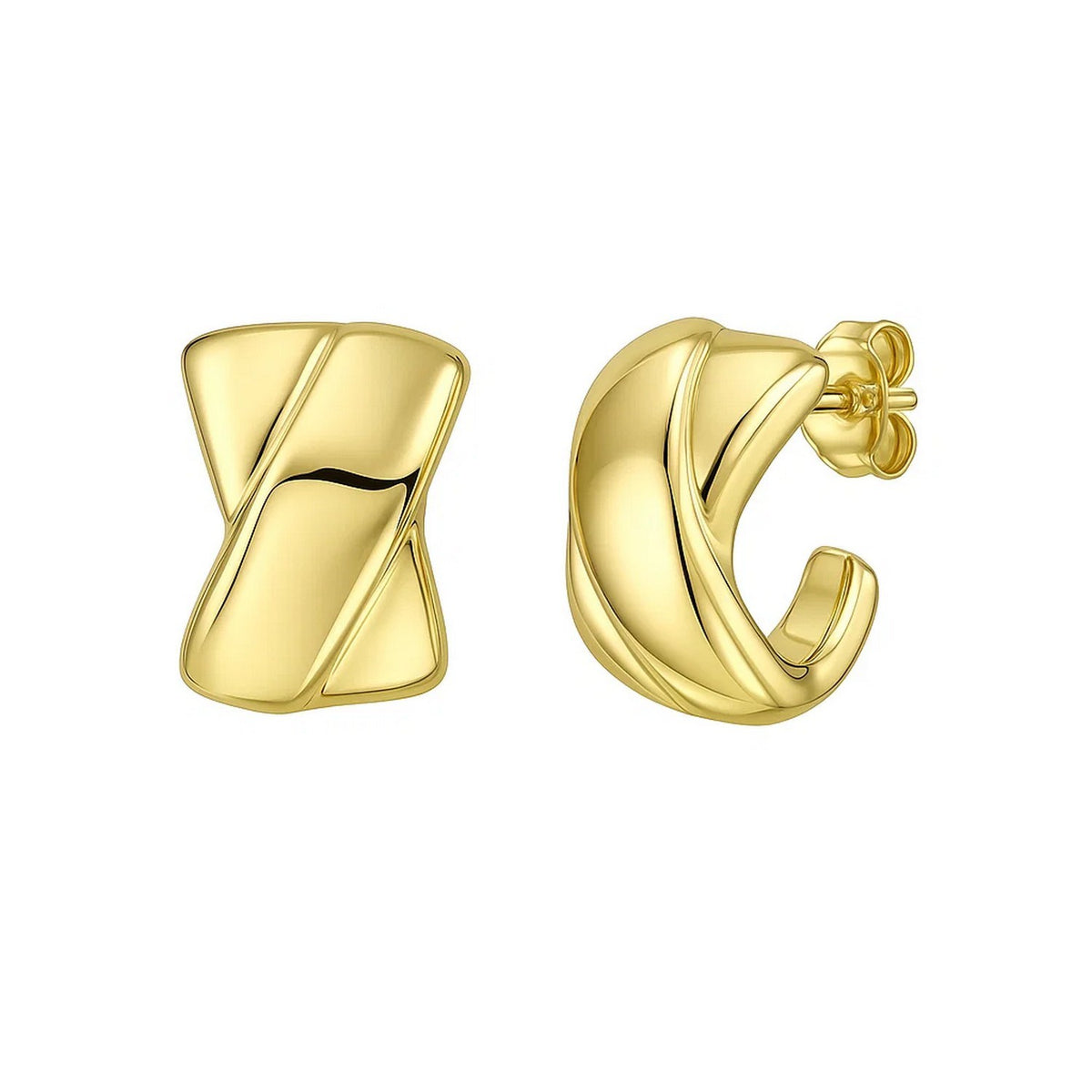 14K Yellow Gold Puffed X C Hoops Earrings