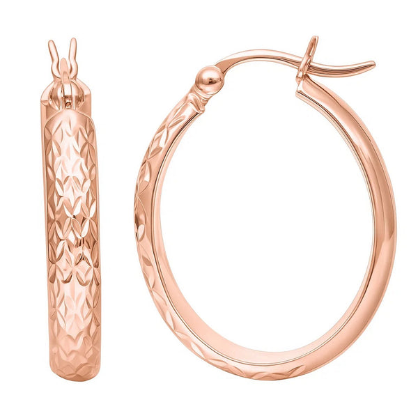 14k Rose Gold Hammered Oval Hoop Earrings