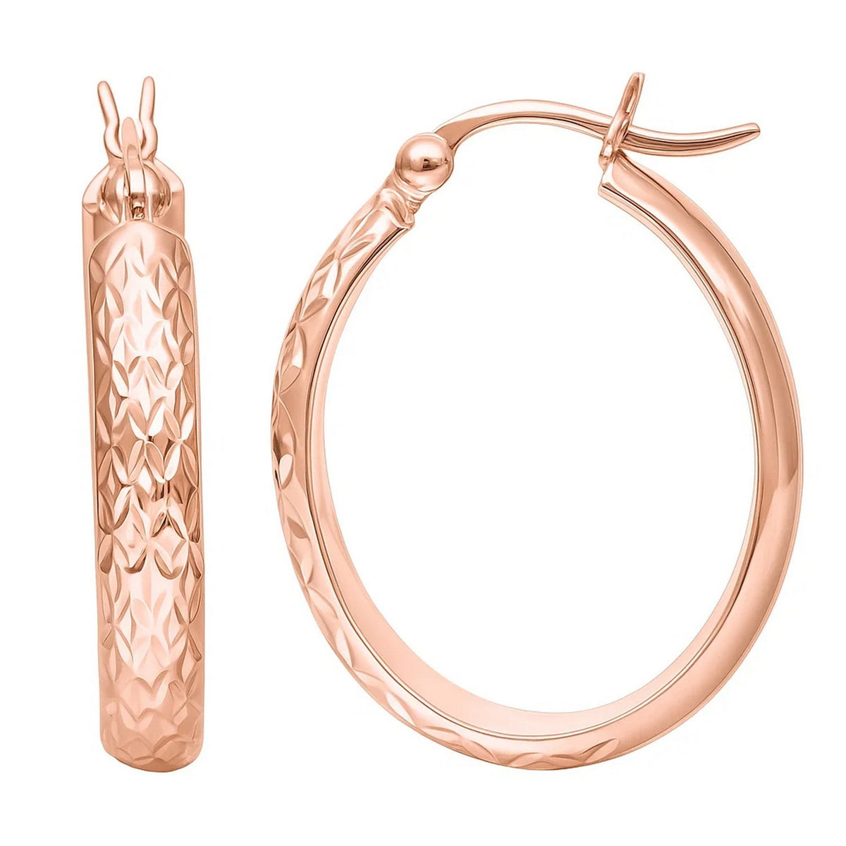 14k Rose Gold Hammered Oval Hoop Earrings