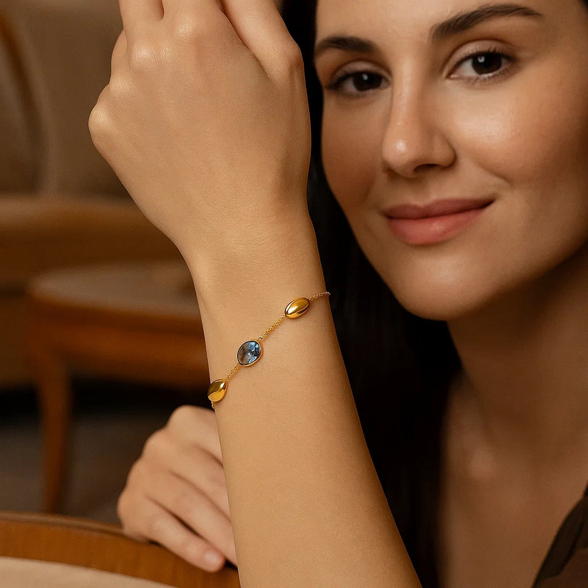 14K Yellow Gold Oval Gemstone and Bead Bracelet