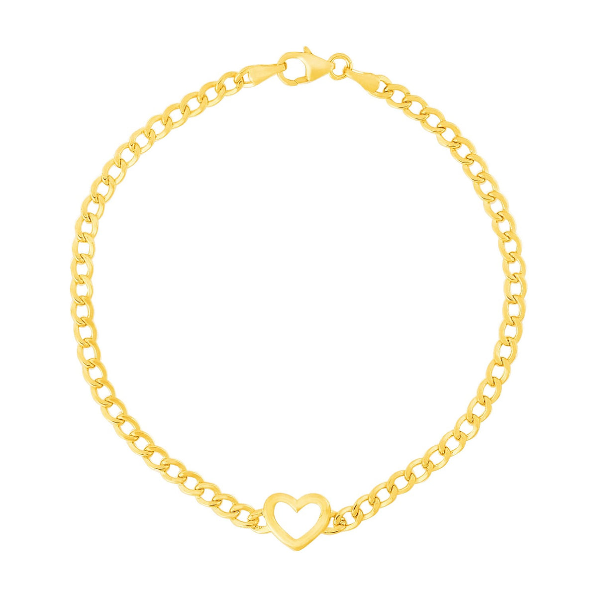 14k Yellow Gold 7 inch Curb Chain Bracelet with Heart (3.40 mm)