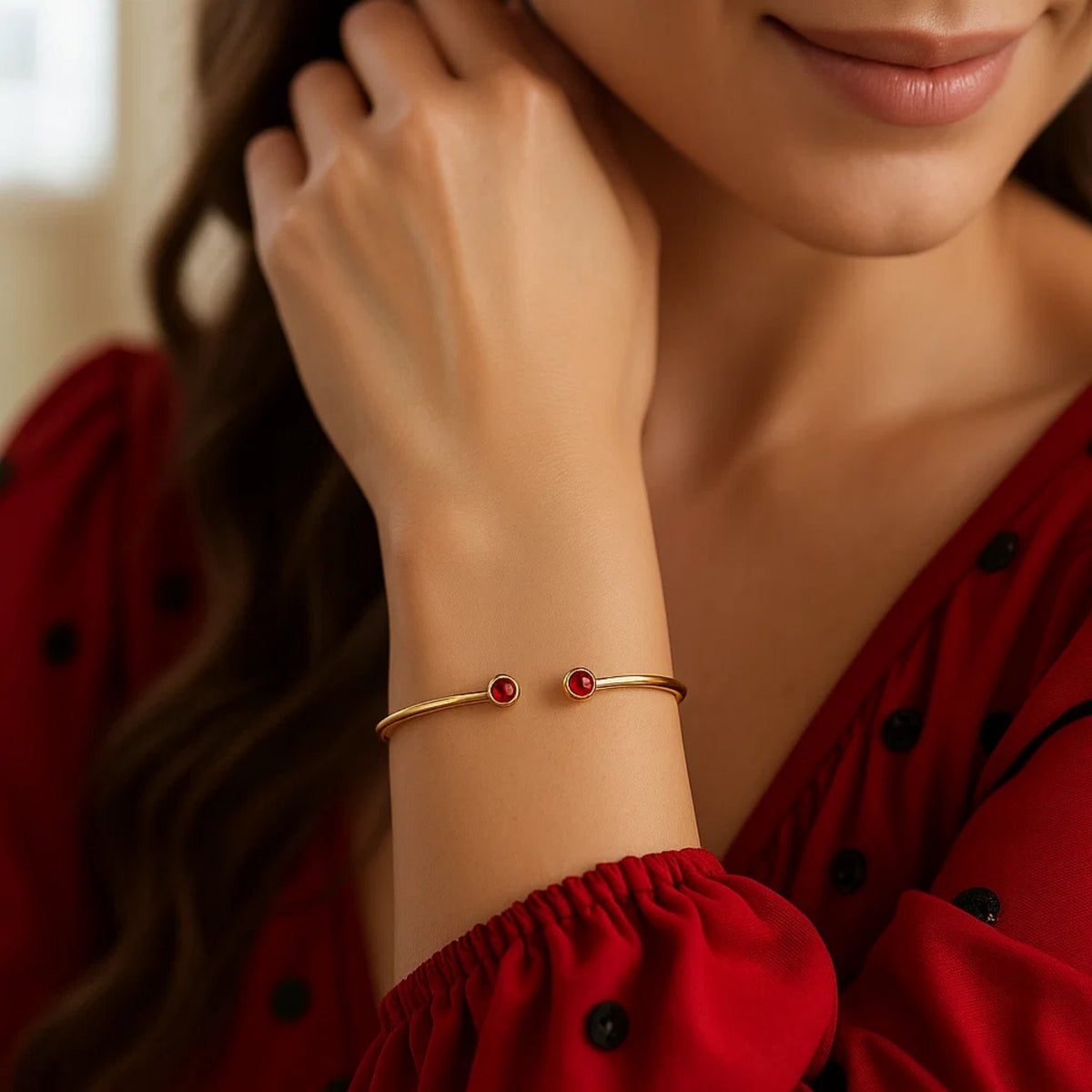 14K Yellow Gold Garnet Open Cuff Bangle (2.00 mm)