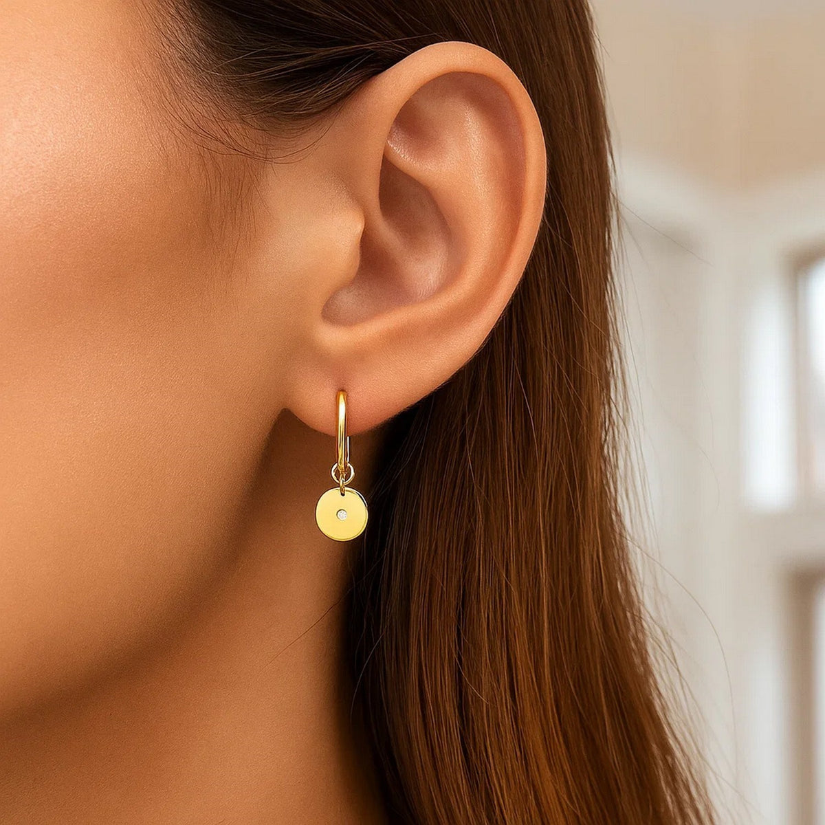 14K Yellow Gold Diamond Disc Charm Hoop Earrings