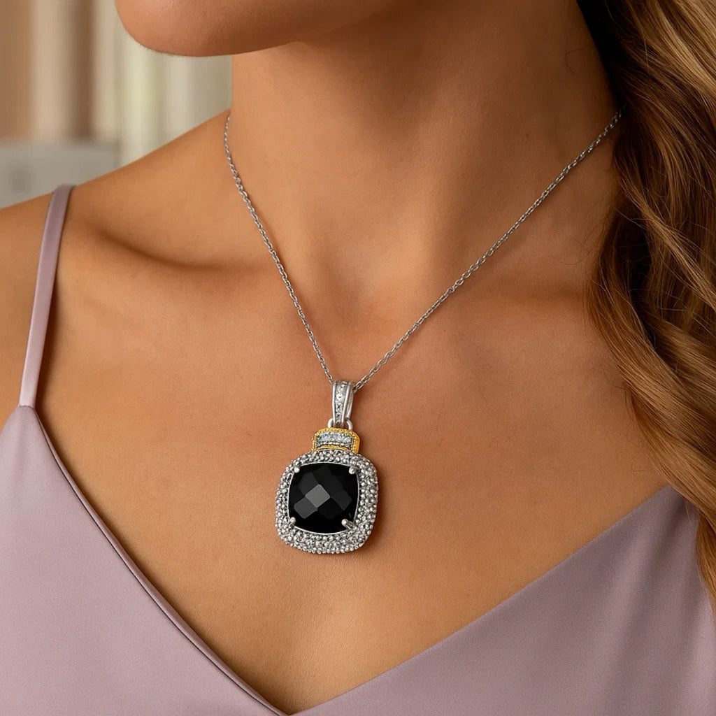 18k Yellow Gold & Sterling Silver Popcorn Cushion Black Onyx and Diamond Pendant