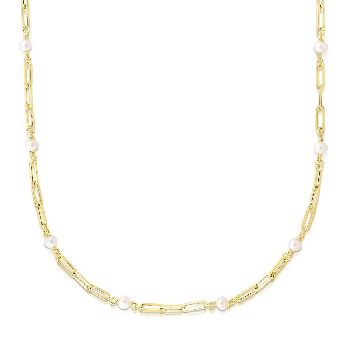 14k Yellow Gold Paperclip Chain and Pearl Necklace