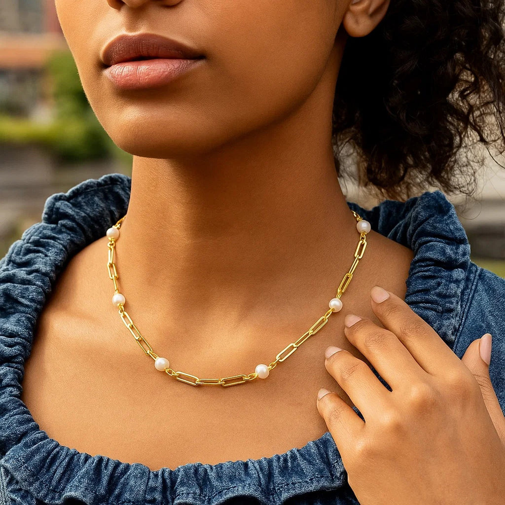 14k Yellow Gold Paperclip Chain and Pearl Necklace