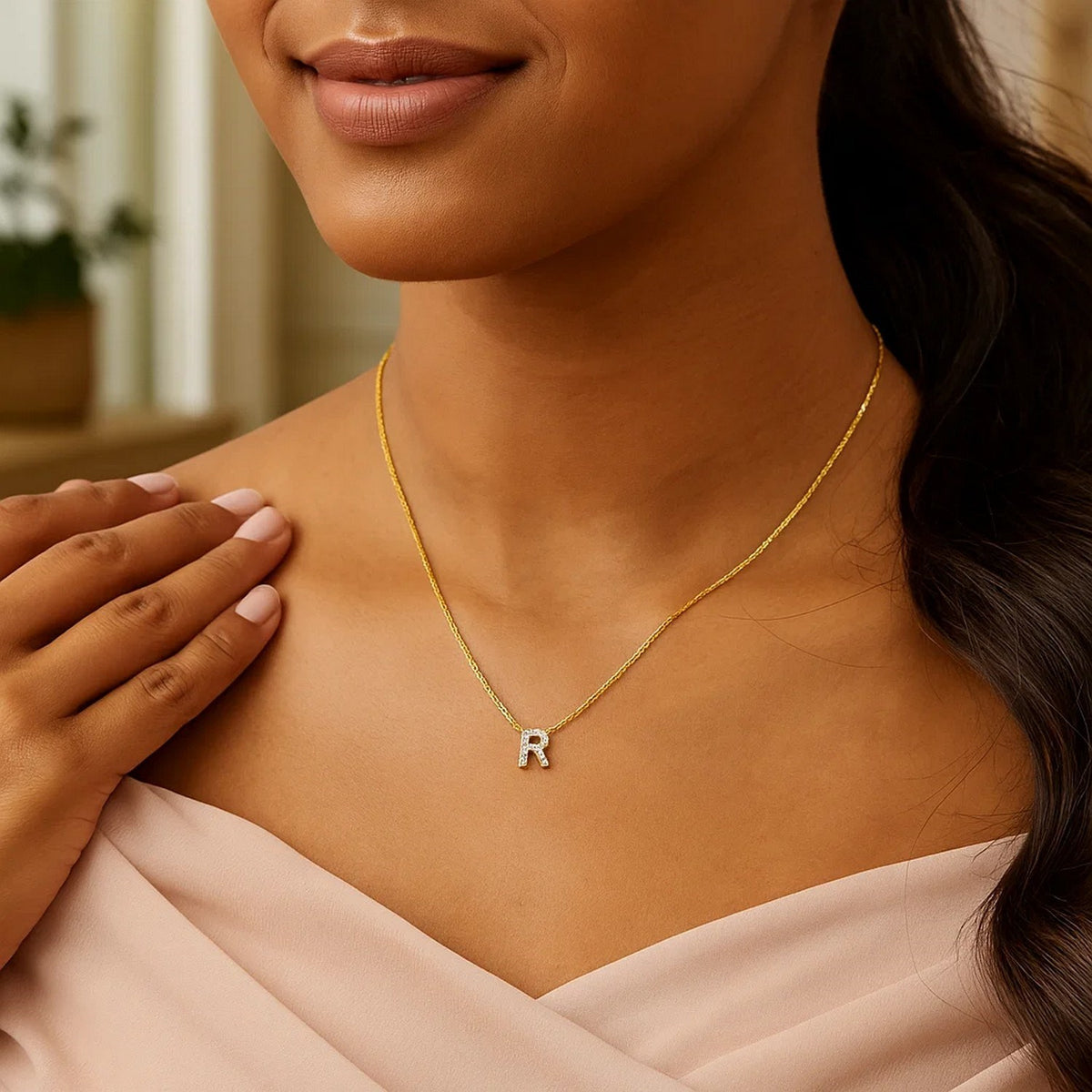 14K Yellow Gold Mini Diamond R Initial Pendant Necklace