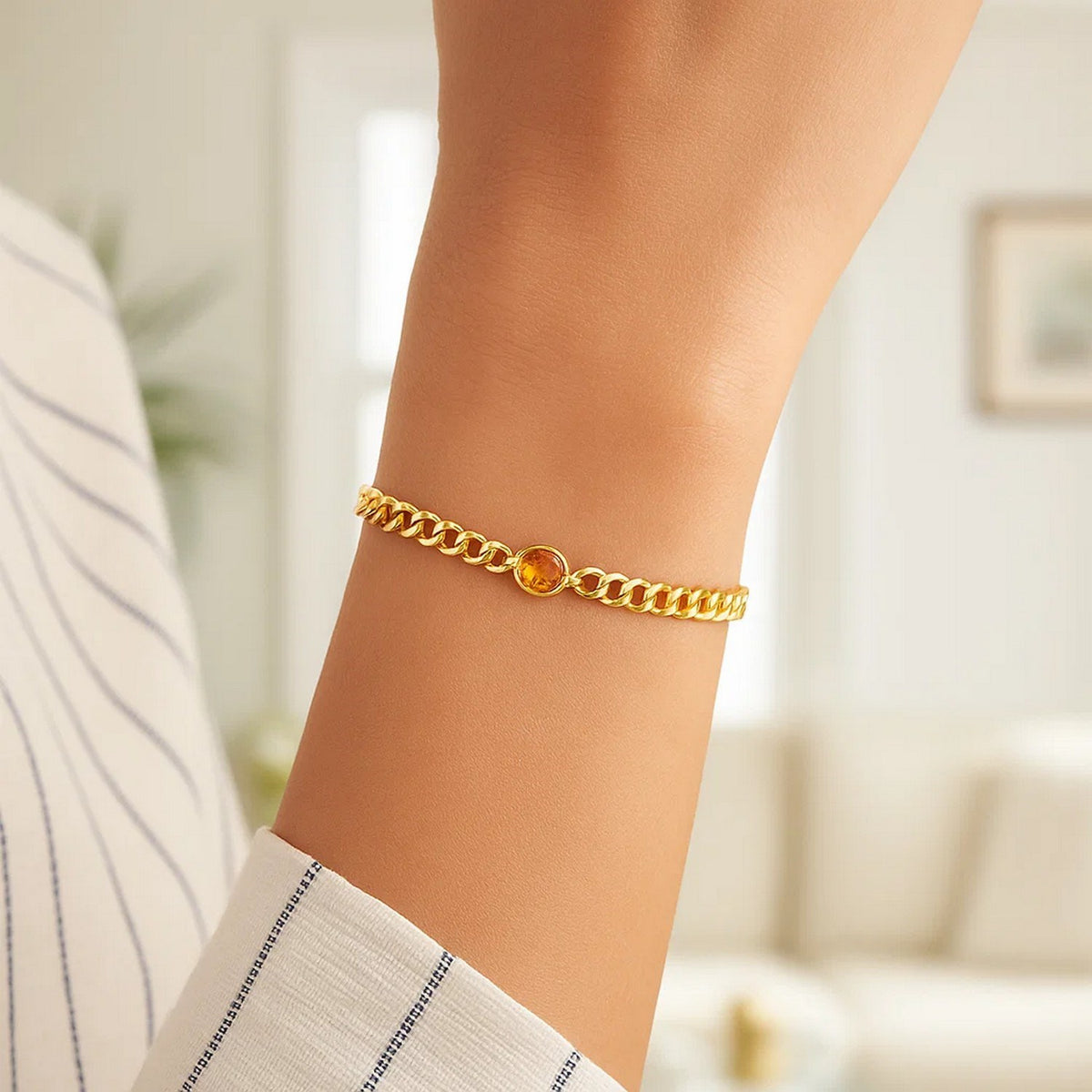 14K Yellow Gold Citrine Curb Chain Bracelet (3.60 mm)