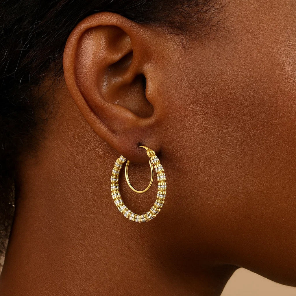 14K Two Tone Gold Iced Round Hoop Earrings