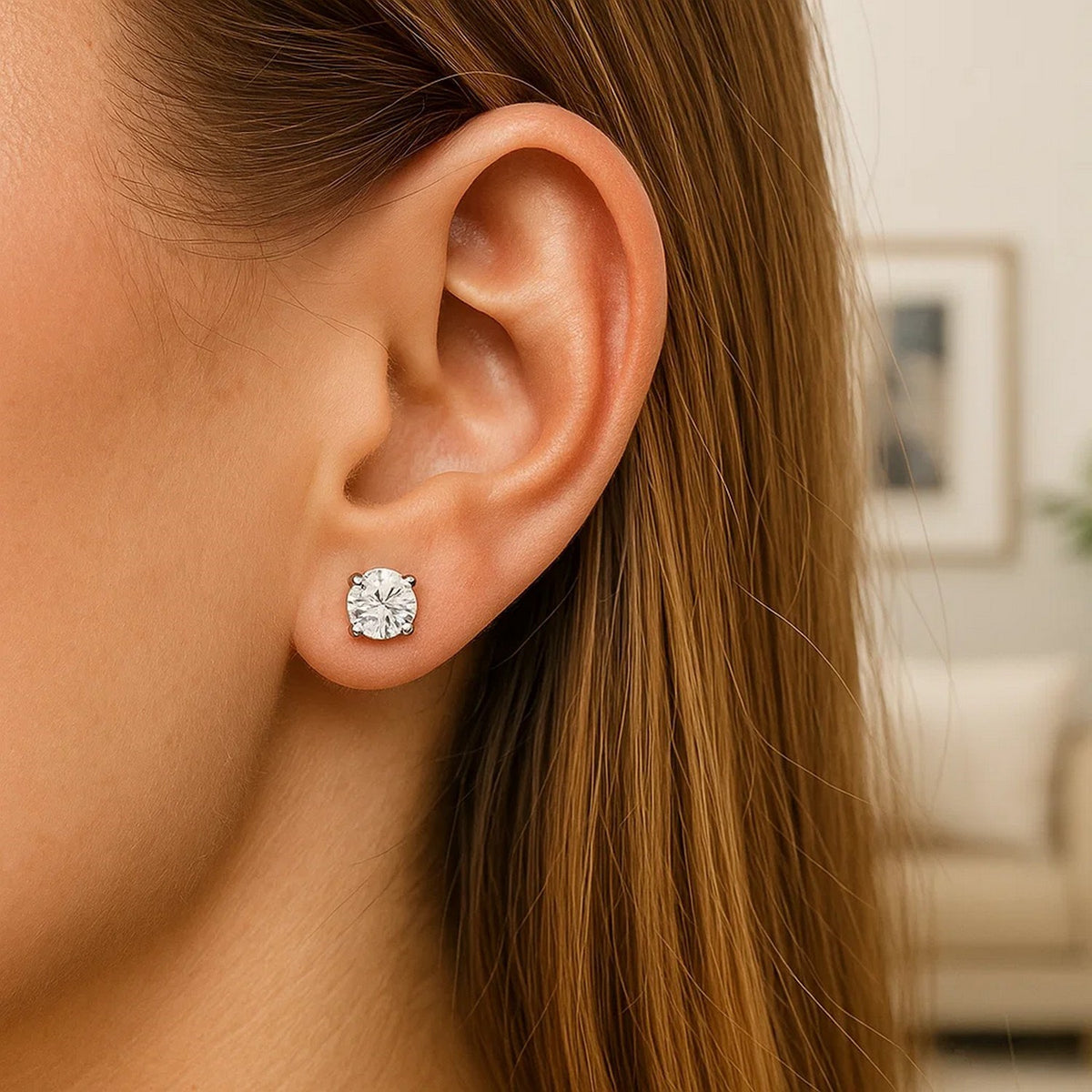 14k White Gold Stud Earrings with White Hue Faceted Cubic Zirconia(6mm)
