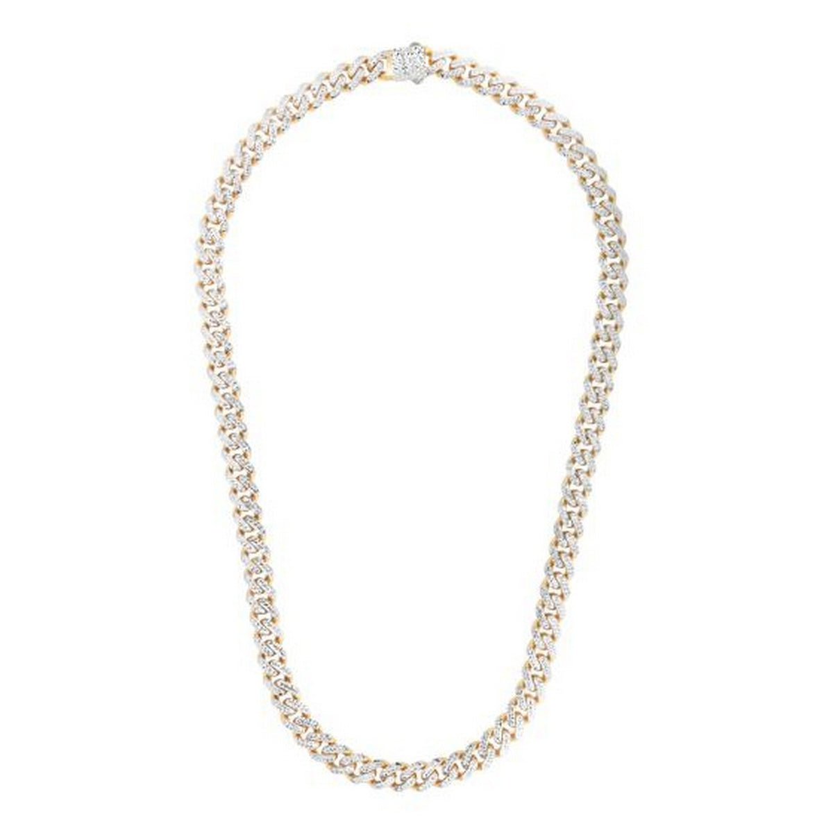 14k Two Tone Gold Miami Cuban Chain Necklace with White Pave