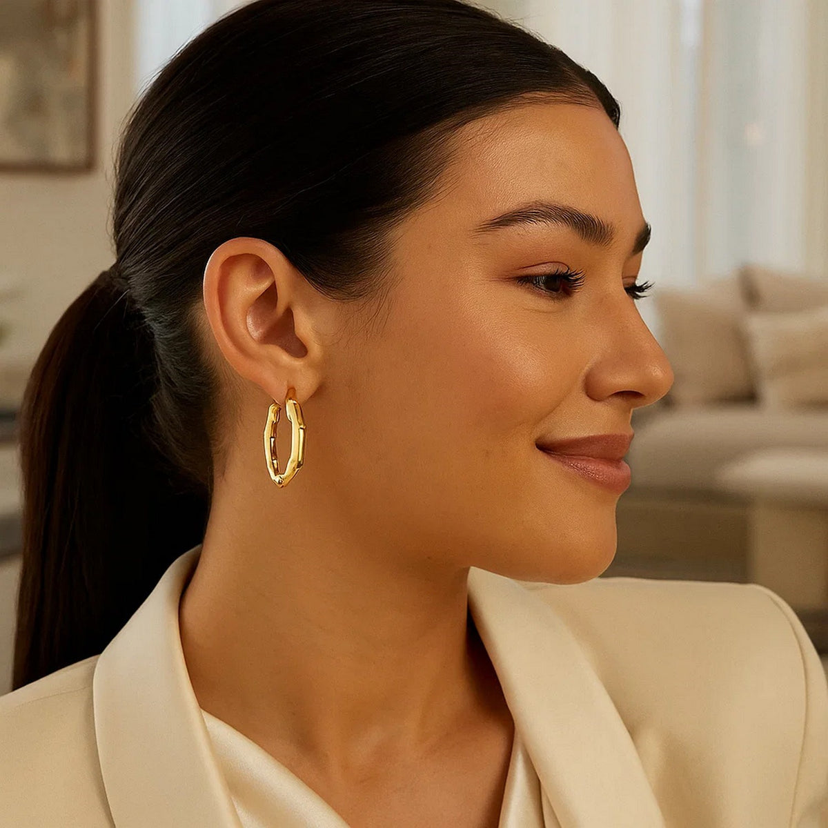 14k Yellow Gold Medium Bamboo Hoop Earrings