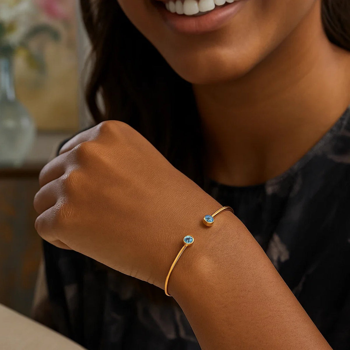 14K Yellow Gold Blue Topaz Open Cuff Bangle (2.00 mm)