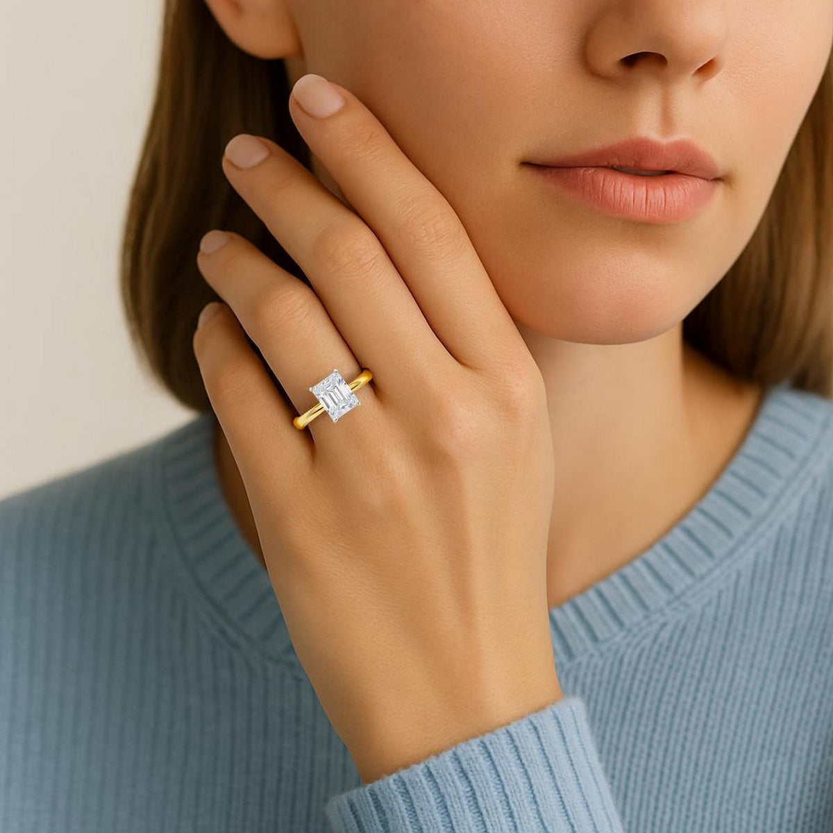 5 Carat Radiant Lab Grown IGI G/VS1 Diamond Solitaire Ring in 10K Yellow Gold